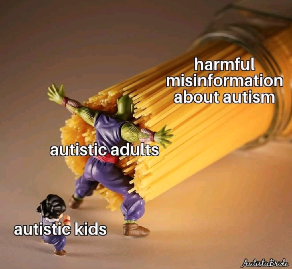 Meme: Eine Hulk-Figur steht als Schutz zwischen einem Bündel mit "harmful misinformation about autism" beschrifteten Spaghetti und einer Figur, die ein autistisches Kind  symbolisiert. 
